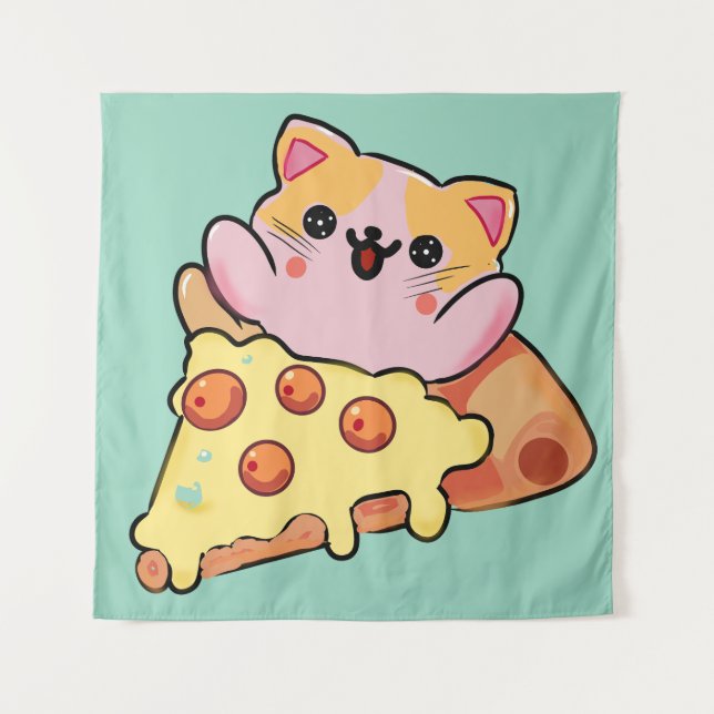 Kawaii Cat Hugging Pepperoni Pizza Cartoon Tapestry (Front)
