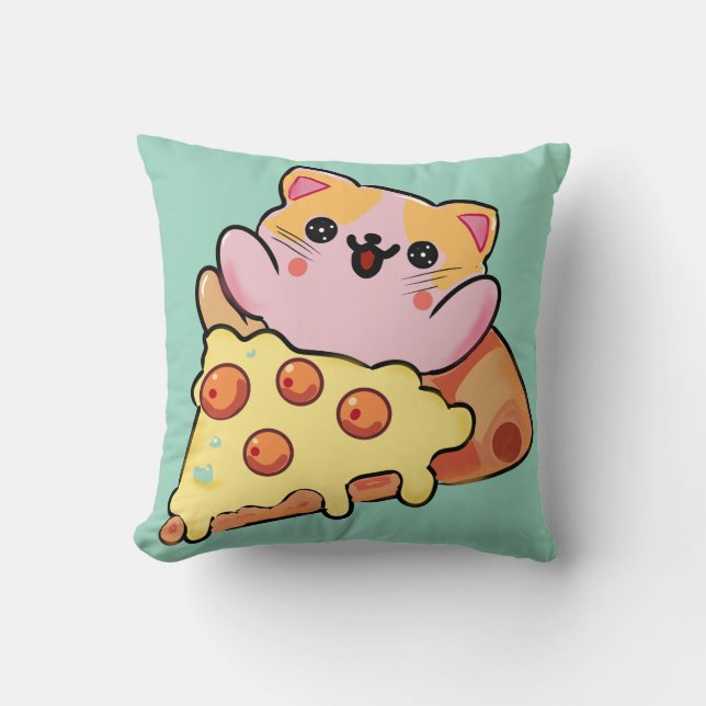 Kawaii Cat Hugging Pepperoni Pizza Cartoon Throw Pillow (Front)