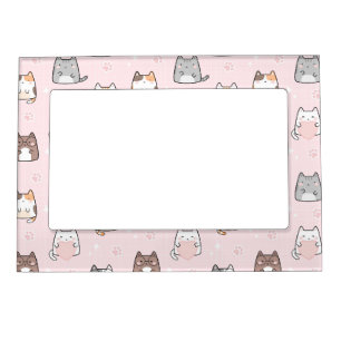 Kawaii Cat in a Pink Background Magnetic Frame