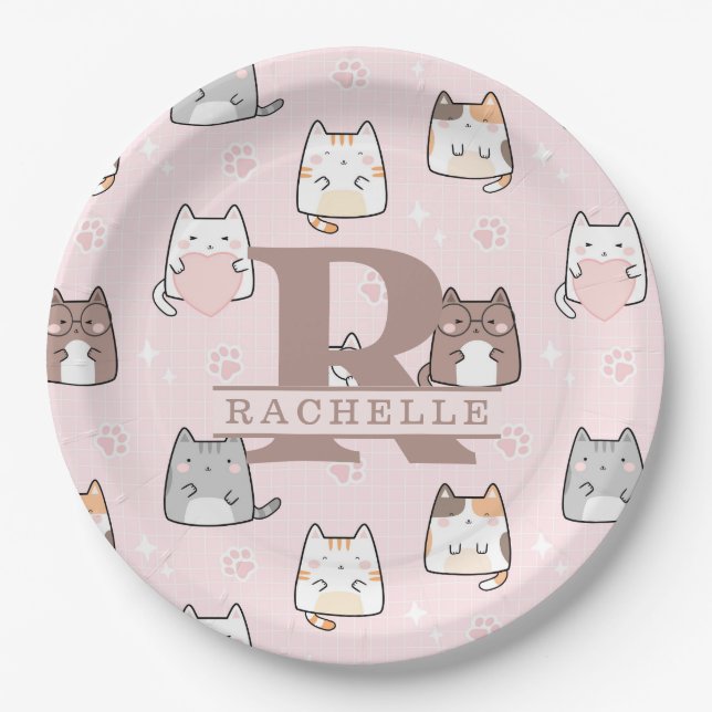 Kawaii Cat in a Pink Background Paper Plates (Front)