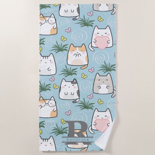 Kawaii Cat in a Sky Blue Background Beach Towel