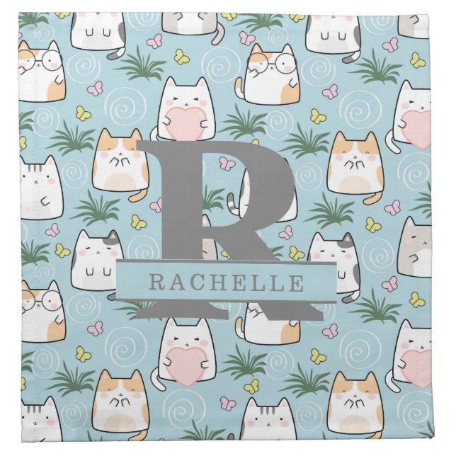 Kawaii Cat in a Sky Blue Background Cloth Napkin (Front)