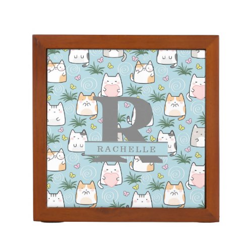 Kawaii Cat in a Sky Blue Background Desk Organizer