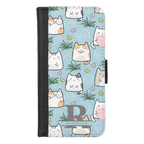 Kawaii Cat in a Sky Blue Background iPhone 87 Wallet Case