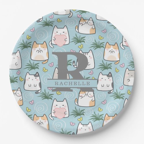 Kawaii Cat in a Sky Blue Background Paper Plates