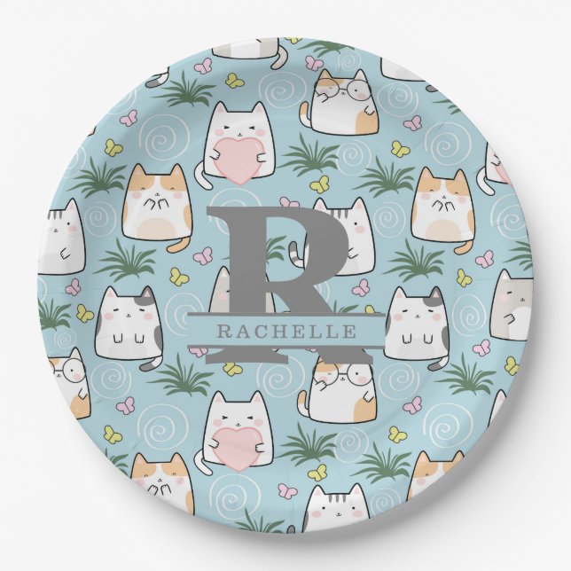 Kawaii Cat in a Sky Blue Background Paper Plates (Front)