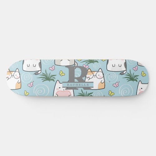 Kawaii Cat in a Sky Blue Background Skateboard