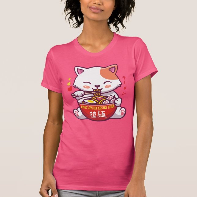 Kawaii Cat loves Ramen | Anime Kitty eating Ramen  T-Shirt (Front)