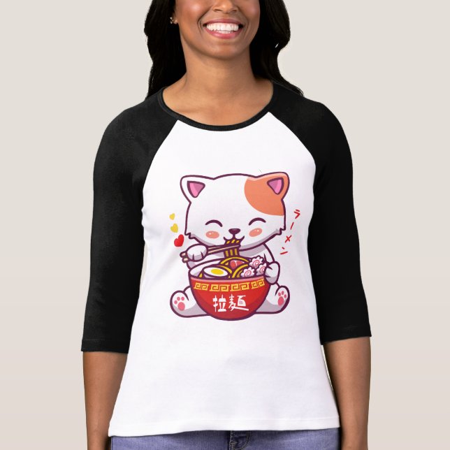Kawaii Cat loves Ramen | Anime Kitty eating Ramen  T-Shirt (Front)