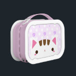 Kawaii Cat Lunchbox<br><div class="desc">This design features a white cat with brown stripes and a pink heart nose. The background is lilac with white polka dots, purple jewel hearts, and small purple moons.</div>