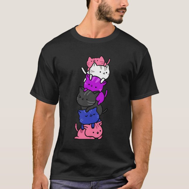 Kawaii Cat Pile Genderfluid Pride T-Shirt (Front)