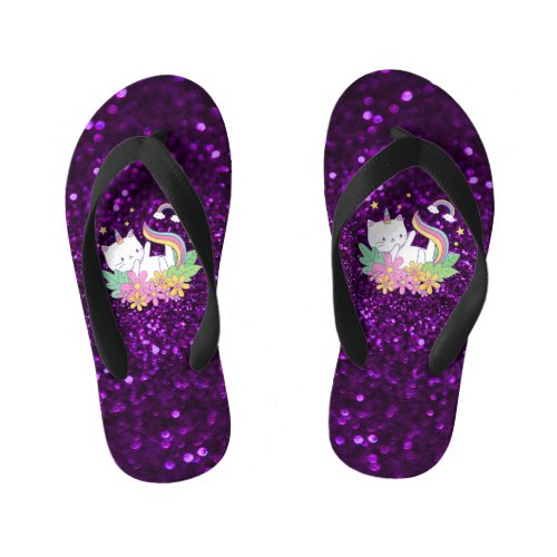 Kawaii Cat Purple Sparkle Glitter Glamour  Kids Flip Flops