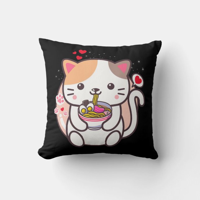 Kawaii Cat Ramen Anime Japanese Food Girls Officia Throw Pillow (Front)