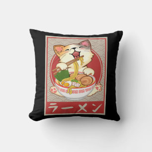 Kawaii Cat Ramen Anime Vintage Japanese Gift Girls Throw Pillow