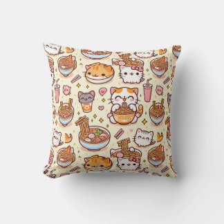 Kawaii Cat Ramen Time Throw Pillow
