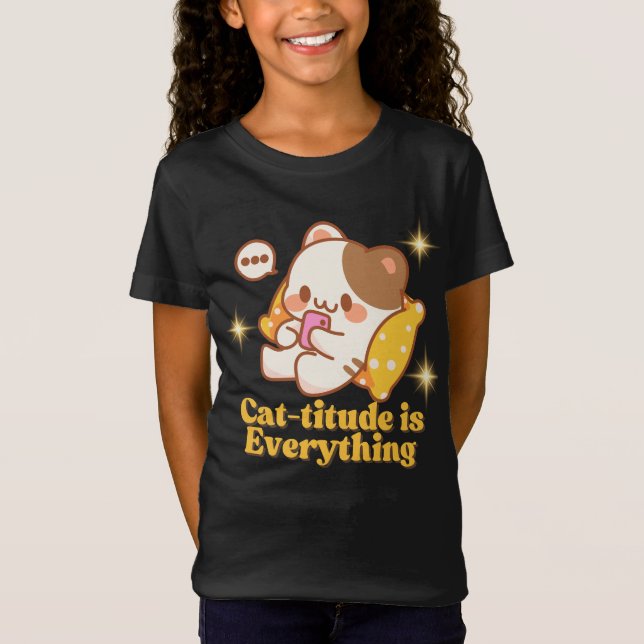 Kawaii Cat-titude Animated Cat Design T shirt (Front)