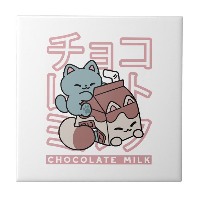 Kawaii Cat with Chocolate Milk – Japanese Pop Art  Ceramic Tile (Front)