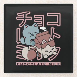 Kawaii Cat with Chocolate Milk – Japanese Pop Art Glass Coaster