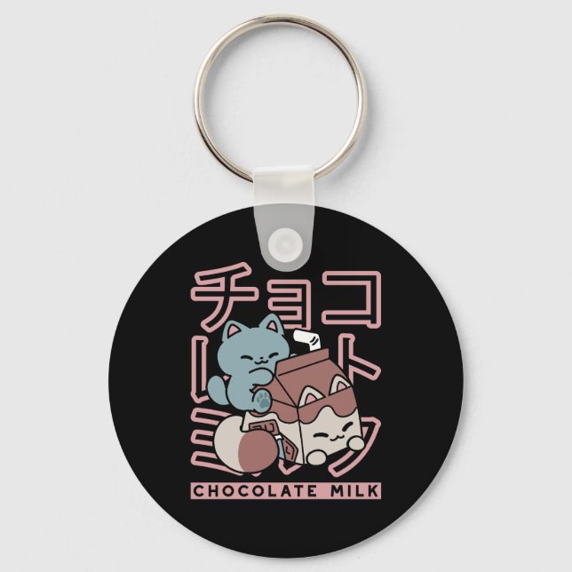 Kawaii Cat with Chocolate Milk – Japanese Pop Art  Keychain (Front)