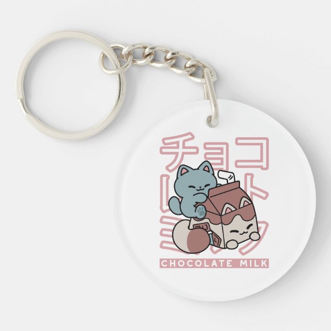 Kawaii Cat with Chocolate Milk – Japanese Pop Art  Keychain (Front)