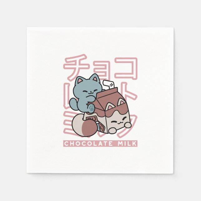 Kawaii Cat with Chocolate Milk – Japanese Pop Art  Napkins (Front)