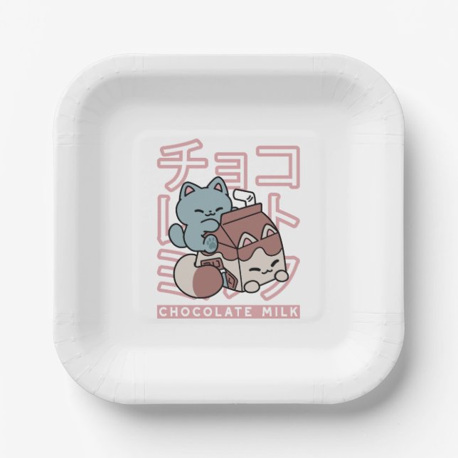 Kawaii Cat with Chocolate Milk – Japanese Pop Art  Paper Plates (Front)