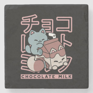 Kawaii Cat with Chocolate Milk – Japanese Pop Art Stone Coaster