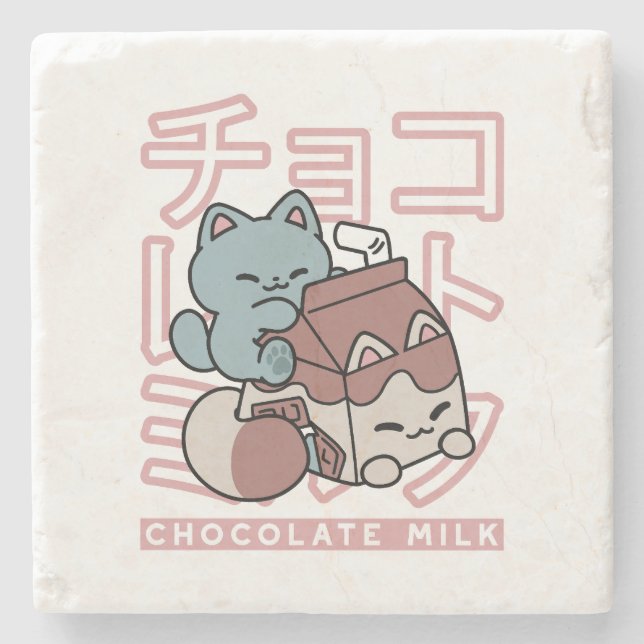 Kawaii Cat with Chocolate Milk – Japanese Pop Art  Stone Coaster (Front)