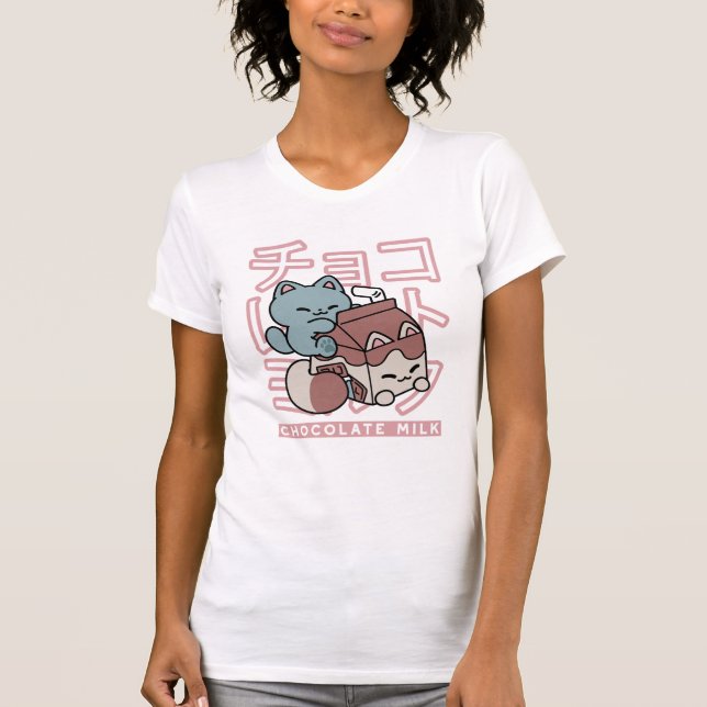 Kawaii Cat with Chocolate Milk – Japanese Pop Art  T-Shirt (Front)