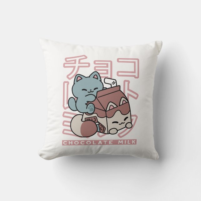 Kawaii Cat with Chocolate Milk – Japanese Pop Art  Throw Pillow (Front)