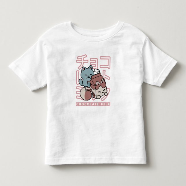 Kawaii Cat with Chocolate Milk – Japanese Pop Art  Toddler T-shirt (Front)