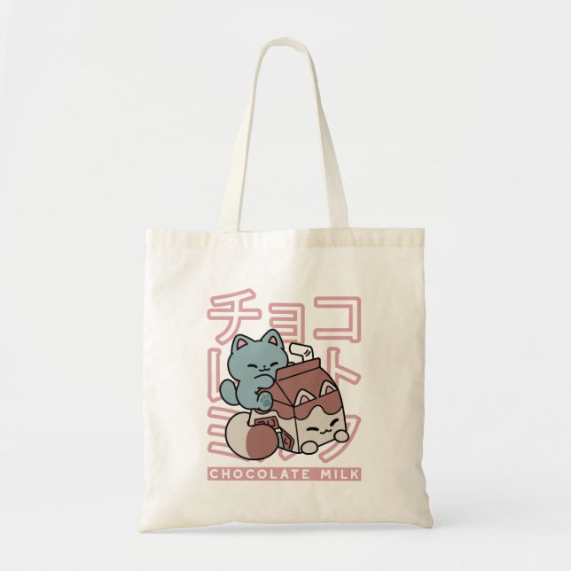 Kawaii Cat with Chocolate Milk – Japanese Pop Art  Tote Bag (Front)