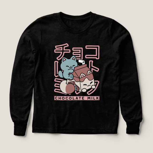 Kawaii Cat with Chocolate Milk – Japanese Pop Art  Tri-Blend Shirts (Design Front)