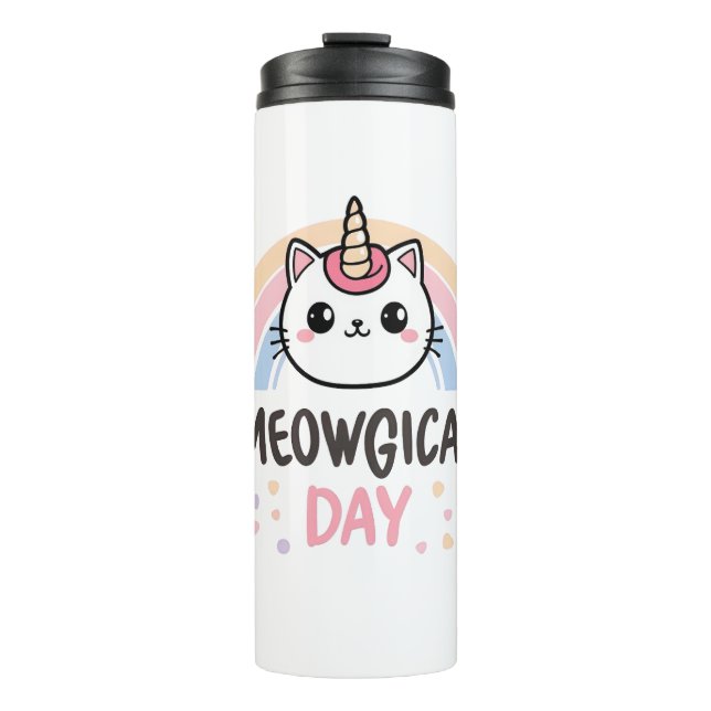 Kawaii Caticorn with Pastel Rainbow Thermal Tumbler (Front)