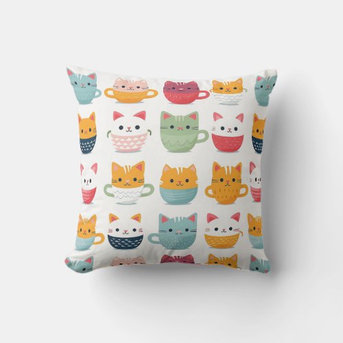 Kawaii Cats Cups Mugs Cute Colorful Pattern Throw Pillow