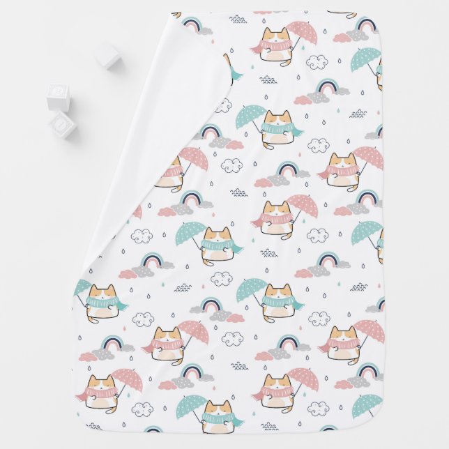 Kawaii Cats Rainy Day Pattern Baby Blanket (In Situ)