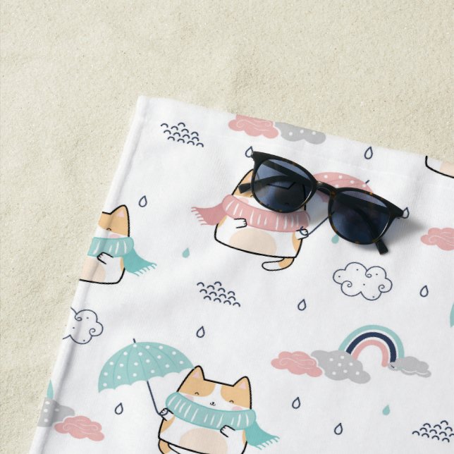 Kawaii Cats Rainy Day Pattern Beach Towel (In Situ)