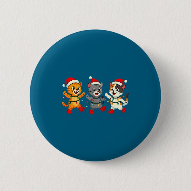 Kawaii Cats Santa Hat Dancing Lights Christmas Dan Button (Front)
