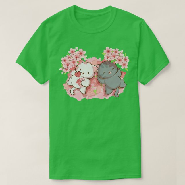 Kawaii Cats under Cherry Blossom Trees Japanese Sa T-Shirt (Design Front)