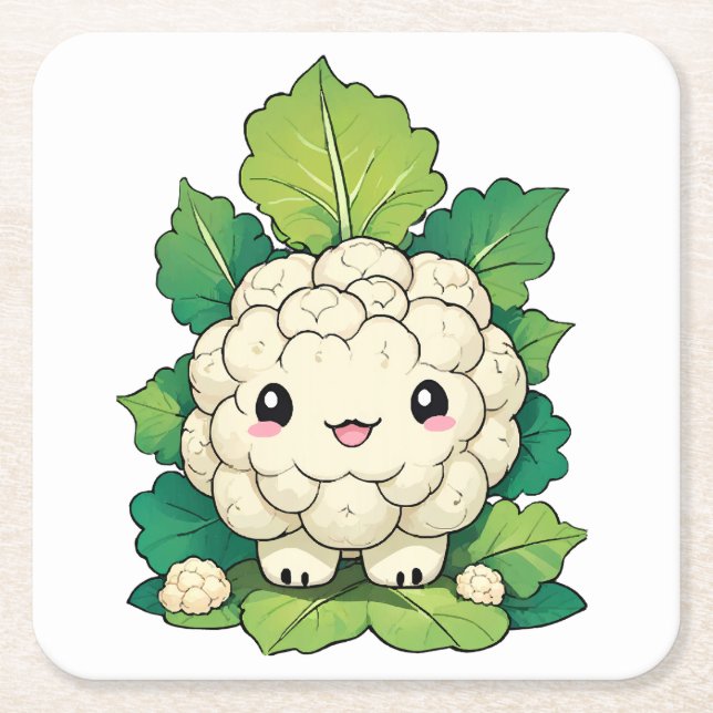 Kawaii Cauliflower Square Paper Coaster (Front)
