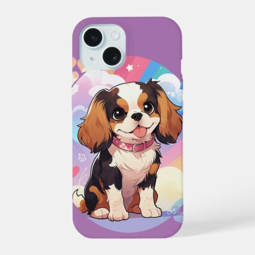 Kawaii Cavalier King Charles Pastel Rainbow iPhone 15 Case