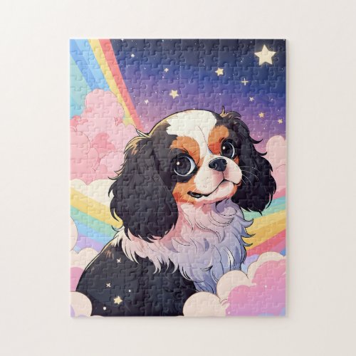 Kawaii Cavalier King Charles Pastel Rainbow Jigsaw Puzzle