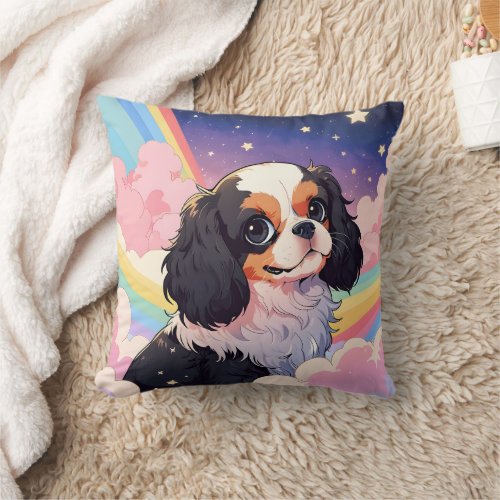 Kawaii Cavalier King Charles Pastel Rainbow Throw Pillow