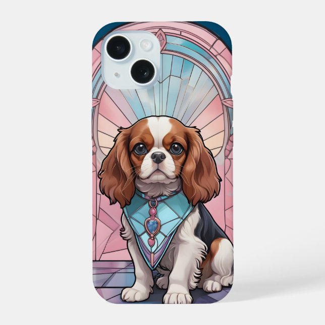 Kawaii Cavalier King Charles Pastel Stained Glass iPhone 15 Case (Back)