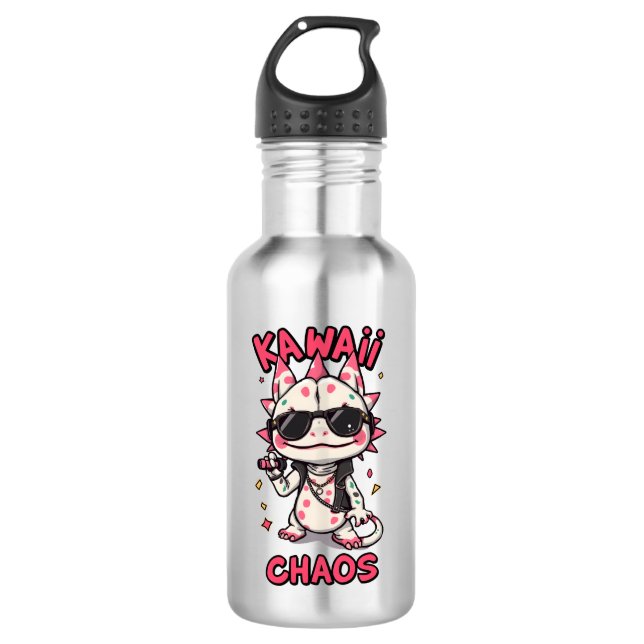 Kawaii Chaos Cool Axolotl Sunglasses LeatherJacket Stainless Steel Water Bottle (Front)