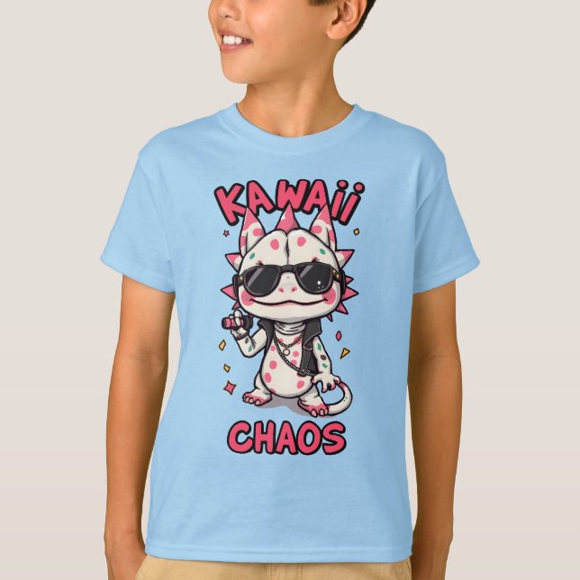 Kawaii Chaos Cool Axolotl Sunglasses LeatherJacket T-Shirt (Front)