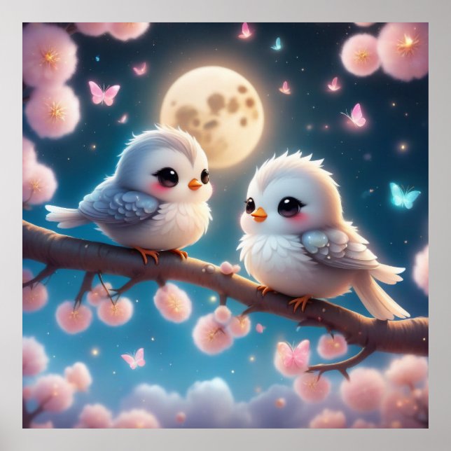 Kawaii Charming Birds under Moonlight Poster (Front)