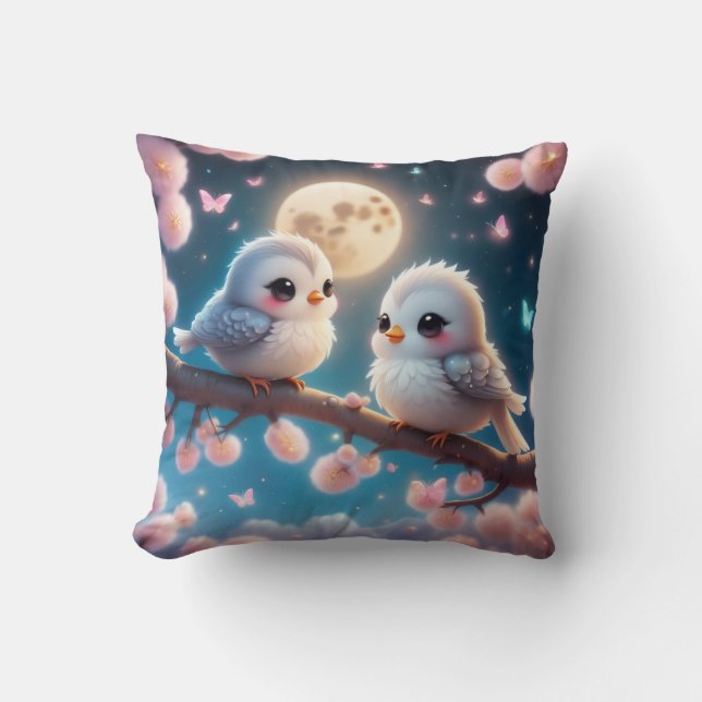 Kawaii Charming Birds under Moonlight Throw Pillow (Front)