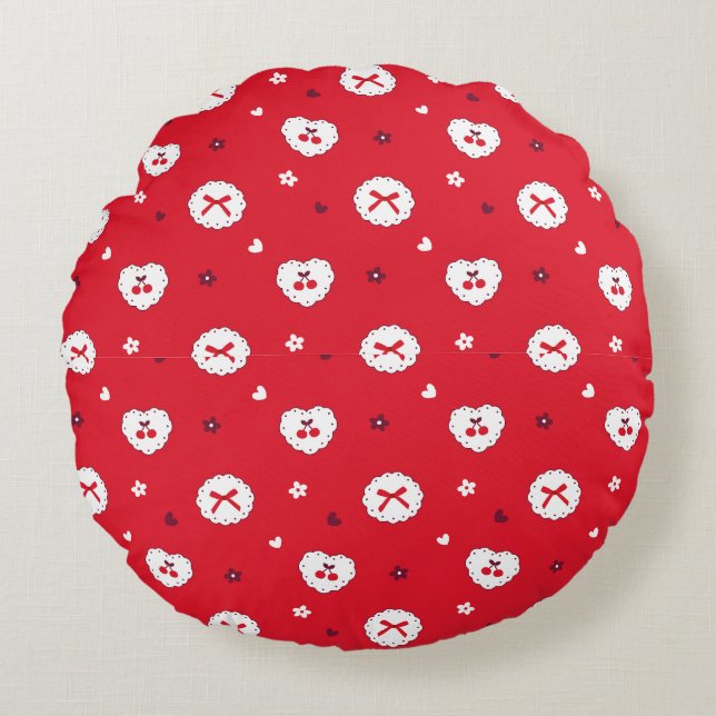 Kawaii Cherries and Bows Pattern Round Pillow (Front)