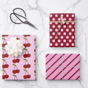 Kawaii Cherries, Polka Dots and Stripes Set of 3 Wrapping Paper Sheets